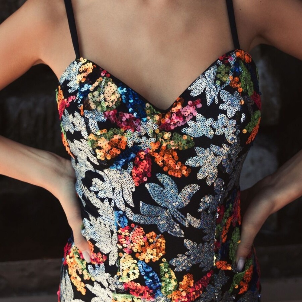 👗NWT! Mac Duggal Multicolor Floral Sequin Mini Dress - Picture 6 of 13